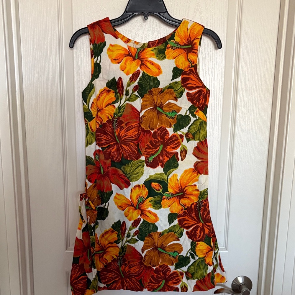 Vintage BARK cloth Tropical Floral Sleeveless Shift Dress - White, Orange